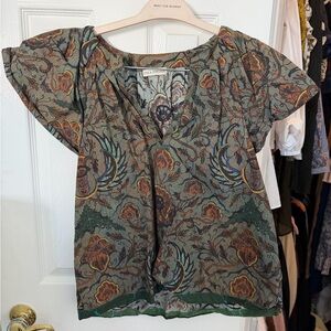 Ulla Johnson Green Paisley Floral Short-Sleeve Blouse